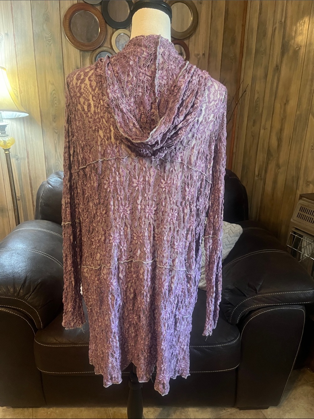 Women’s Open-Front Mauve/Lavender Pucker Lace Hooded Cardigan Boho Chic Longline - Picture 5 of 9